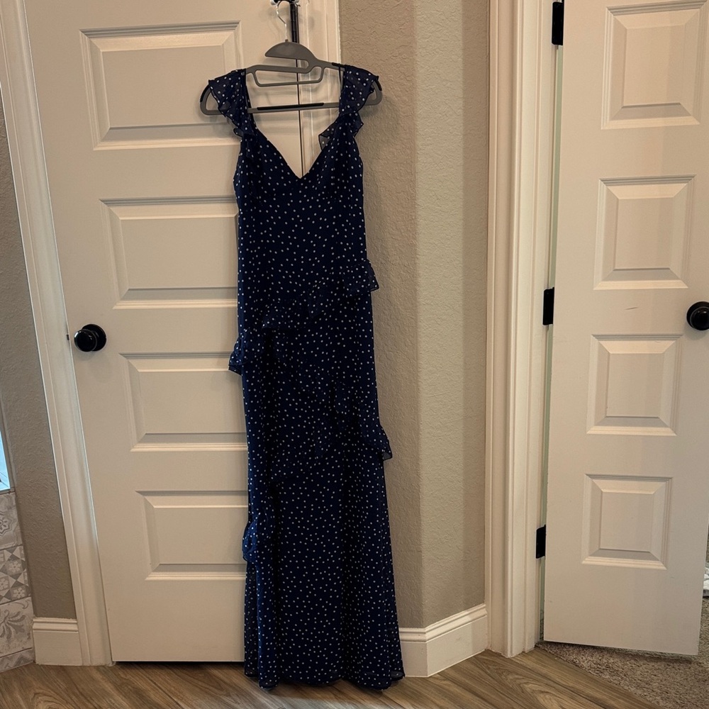 BP Navy Polka Dot Ruffle Maxi Dress